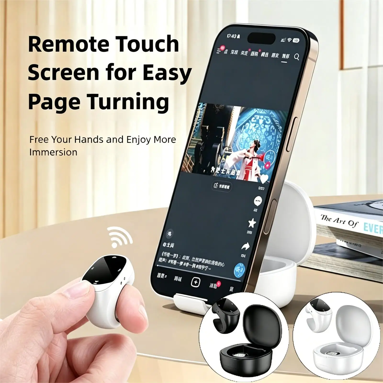 New Wireless Bluetooth Remote Control Ring, Air Mouse for Scrolling TikTok, E-Books, Selfies, with Charging Case & Phone Holder