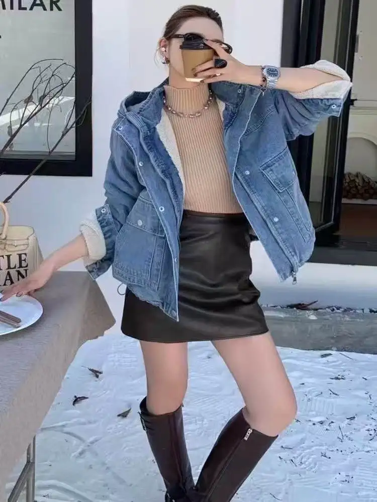 

Women's Loose Fit Hooded Fce Lined Denim Cotton Jaet Autumn Winter Warm Parka Trendy Long Sve Zipper Closure Color