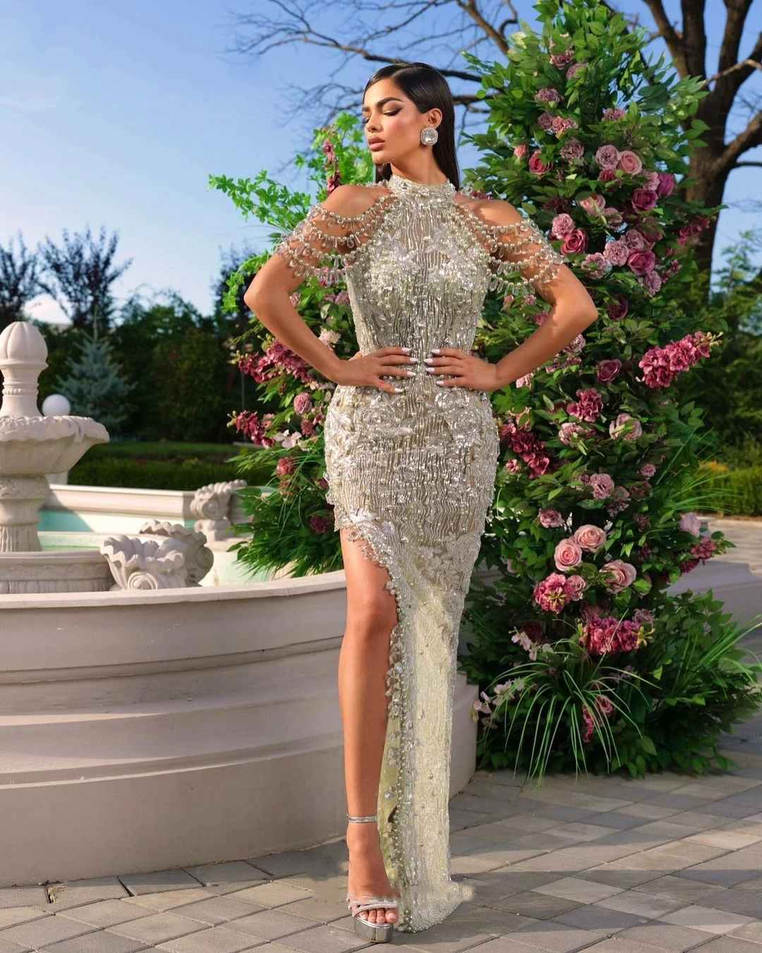 

Luxurious Mermaid Prom Dresses High Collar Evening Gowns Pearls Crystal Sequins Side Split Custom Made Robe De Soirée