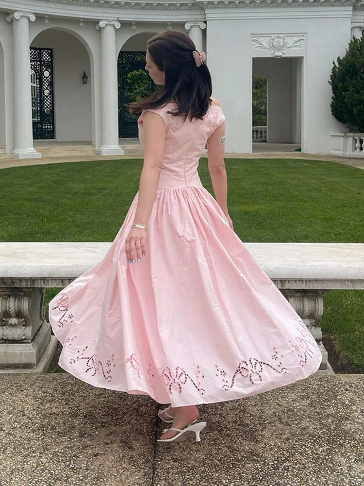 Schulterfreies, besticktes, tailliertes langes Kleid für Damen – Luxuriöses, weit ausgestelltes, schmales Party- und Abendkleid – Elegantes Damen-Vestido Longos – Detail 13