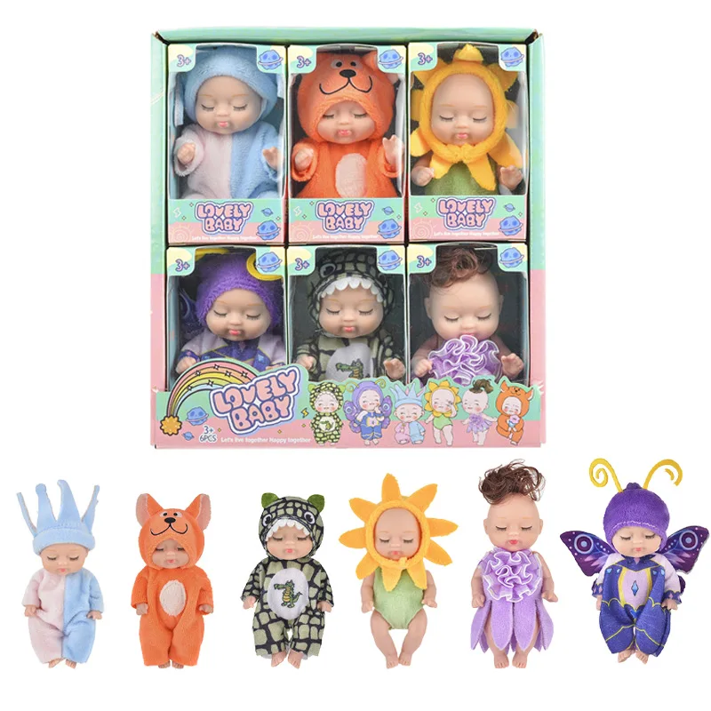 6Pcs Set Sleeping Mini Baby Dolls Reborn Lifelike Cute Adorable Dolls With Butterfly Crocodile Sunflower Outfits Playset Giftbox