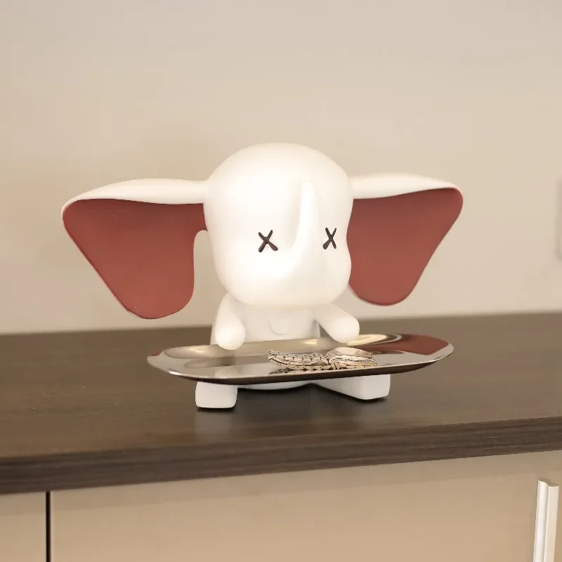 

Modern cartoon children's room decoration beautiful room resin elephant ornament with stainless steel tray home decoration