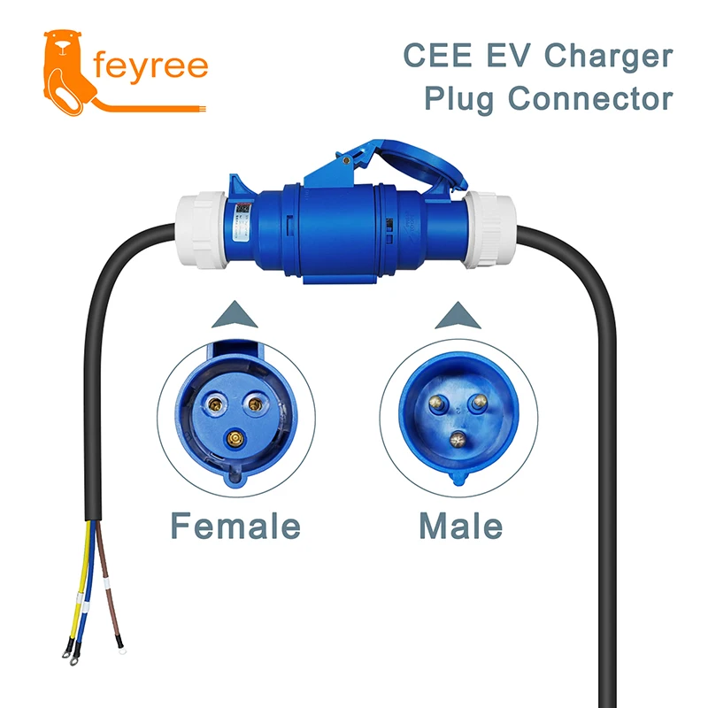 feyree EV Charger CEE Female Plug 3 Pins Adapter Waterproof Connection WallMount Socket 32A 1Phase 7KW Portable Charger