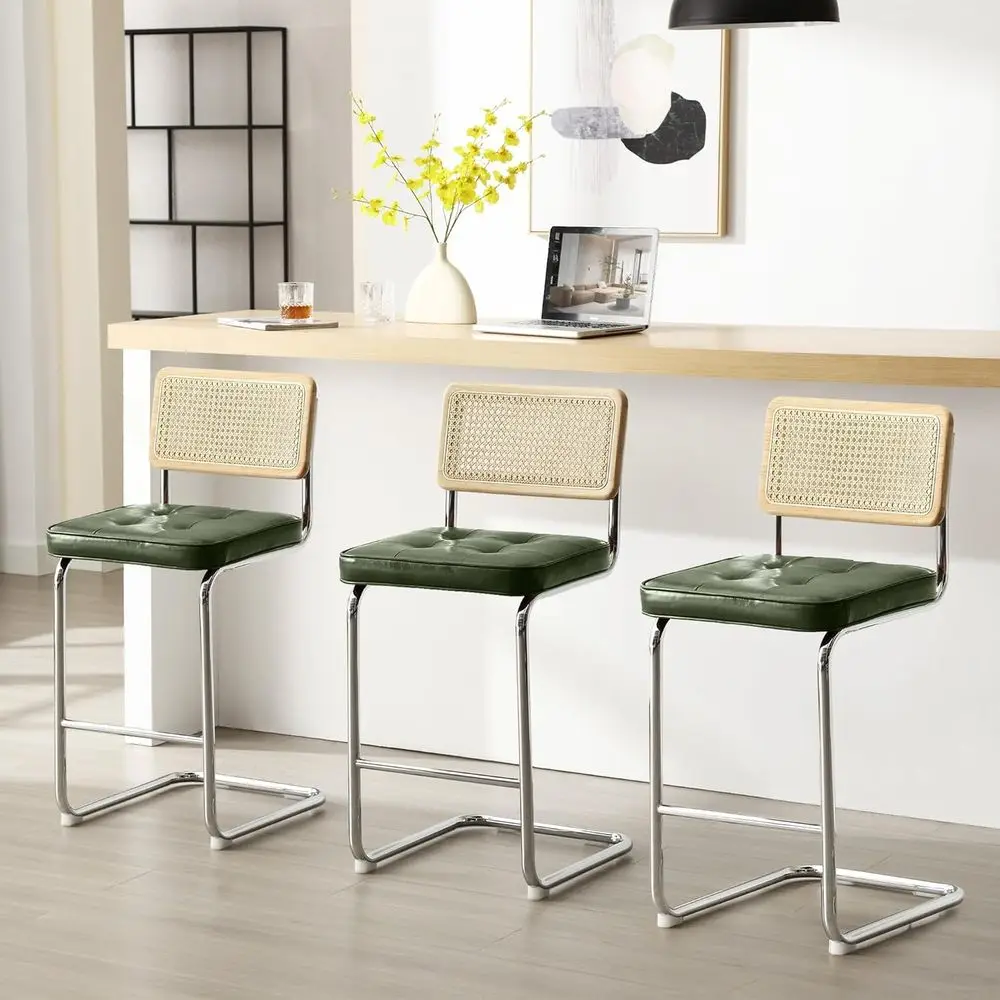 

Set of 3 Counter Height Bar Stools with Natural Woven Backs and Waterproof Leather Cushions, Green Upholstered Rattan Kitchen Is