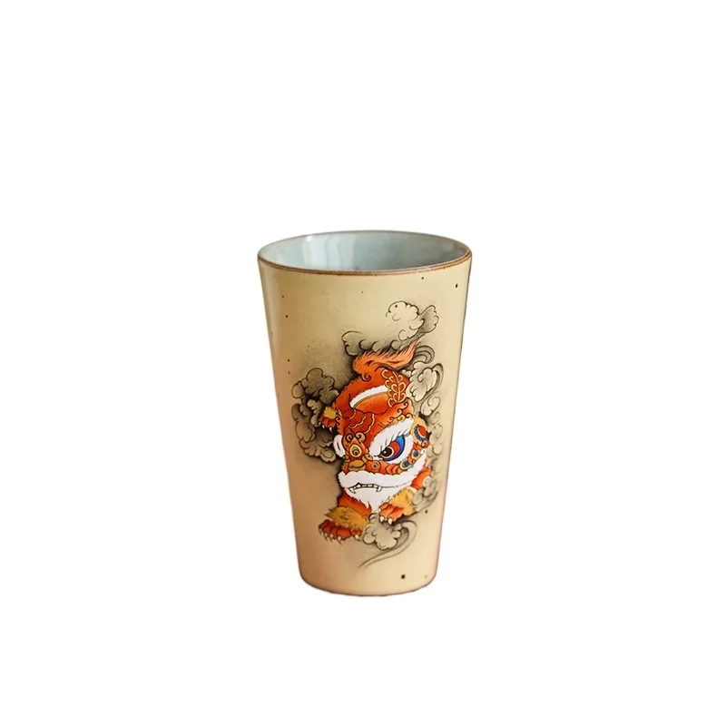 

Handmade mugs, hand-painted lion dancing Chinese style coarse pottery cups, gift boxes, gift straight ceramics