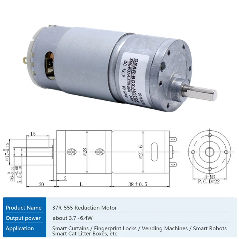 SM37-555 High Torque Reduction Motor DC Reduction Motor DC 12-24V Speed Regulating Motor Metal Gear Large Torque Motor