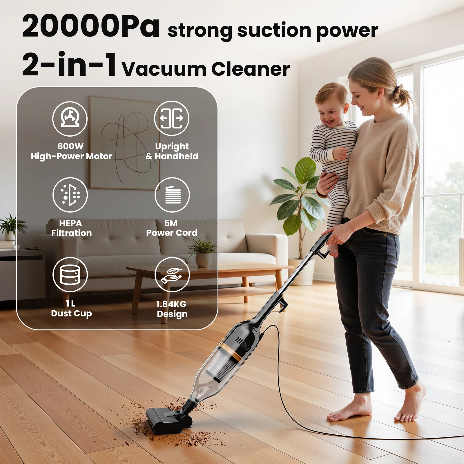 Vastorm R7 Kabelgebundener Staubsauger 600W Leistungsstarker Saugmotor Leichter 2-in-1 Handstaubsauger Freistehend mit 16 Fuß langem Kabel für Zuhause
