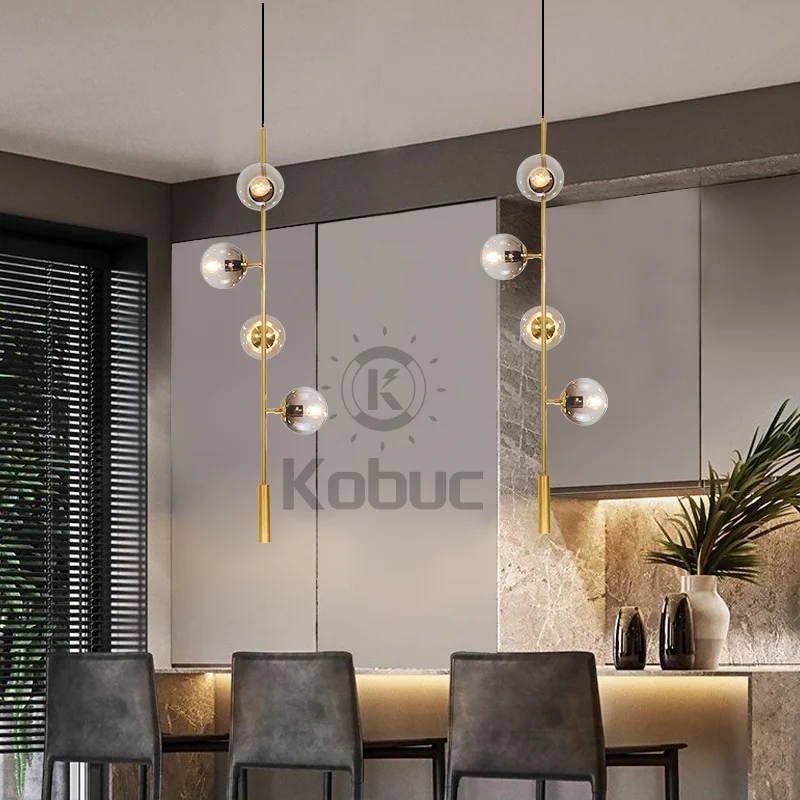 Kobuc Nordic Art Strip Glass Pendant Light Modern Model Room Kitchen Island Glass Ball LOFT Bronze Black Chandelier Hanging Lamp