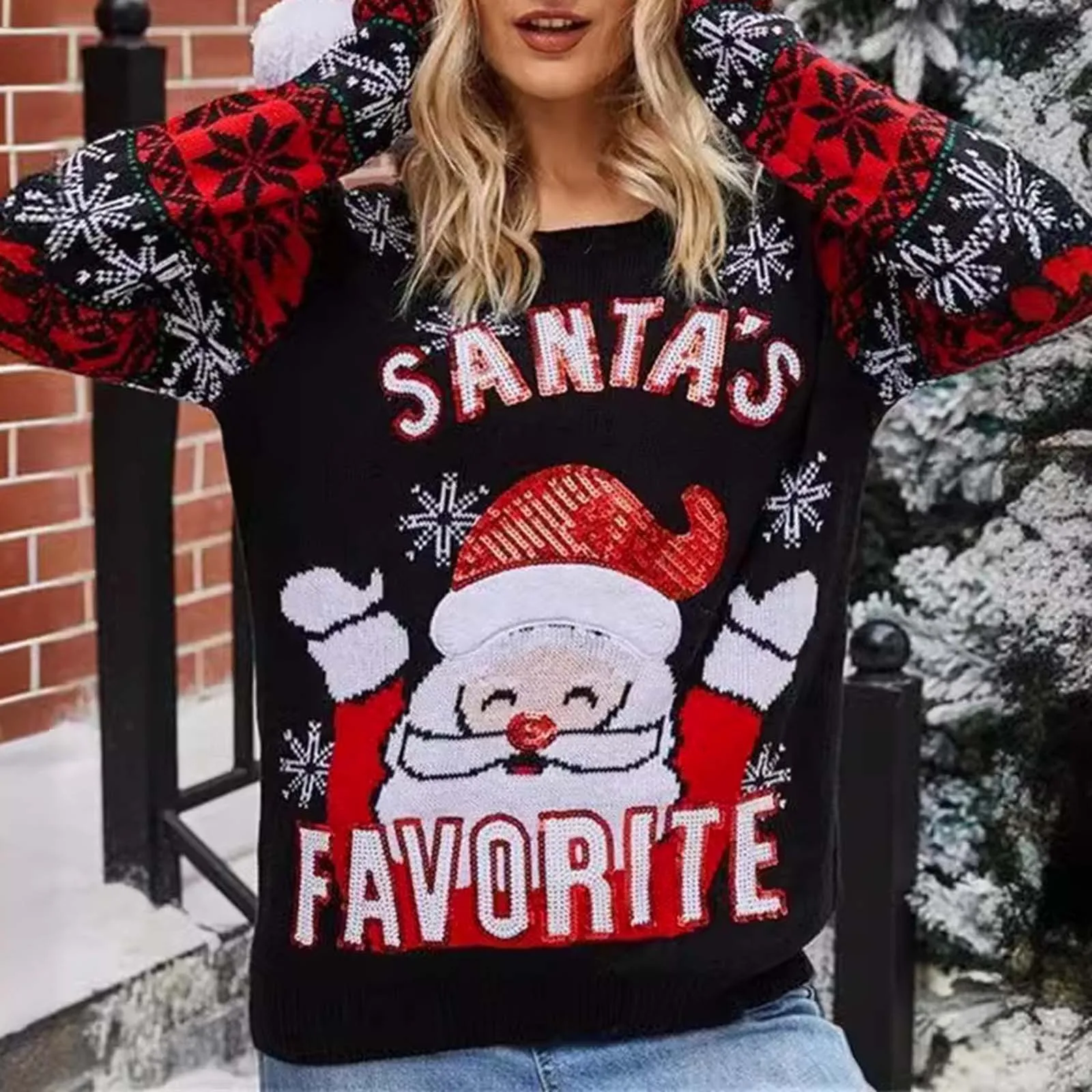 

2024 Autumn Winter New Christmas Santa Sweater Women's Snowflake Embroidery Pullover Tops Crew Neck Christmas Sweater