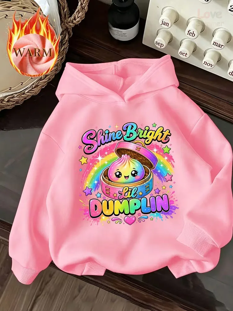 Design Steamed Bun Series Girls' AutumnLined Hooded Sweatshirt SHINE BRIGHT LIL DUMPLING Print Loose Casual Long-Sleeve Hoodie