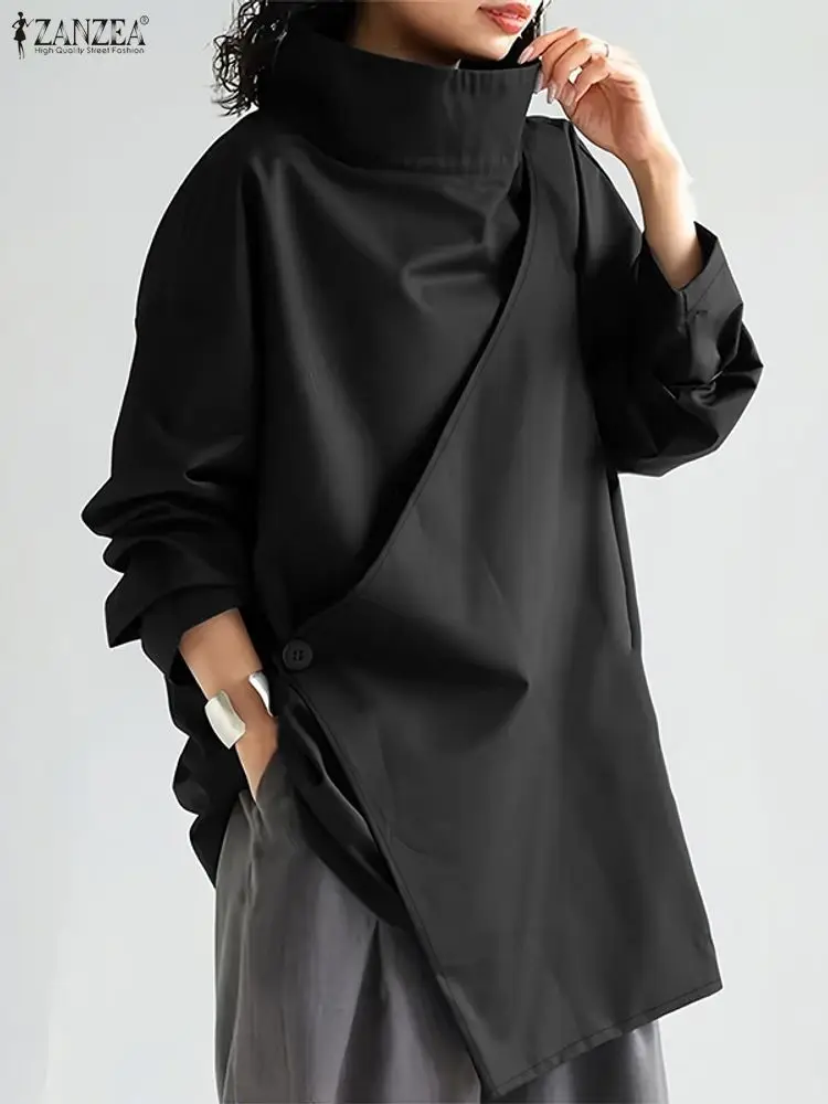 2025 ZANZEA Stylish Autumn Blouses Women Turtleneck Tops Elegant Long Sleeve Office Work Shirt Solid Irregular Blusas Oversize