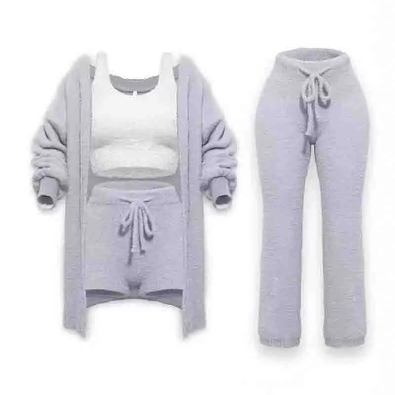 Womens Fuzzy 3 Piec 3 Pe Outfits O Neck Cropped Tank Tops Long Sleeve Fleece Warm Hooded Cardigan Shorts Set Loungewear