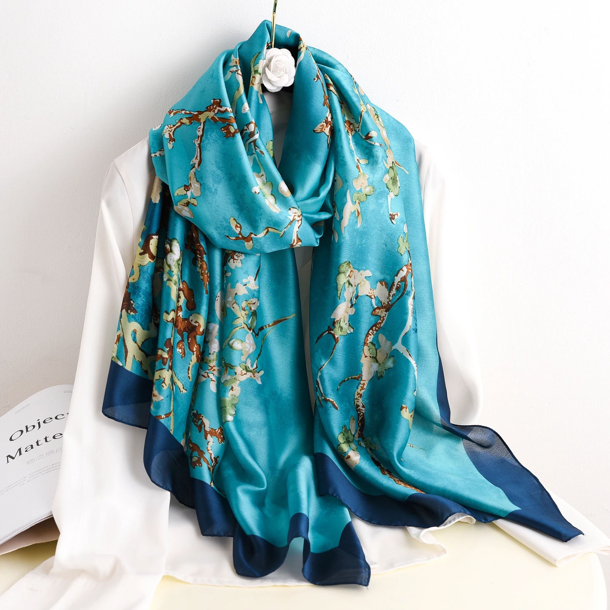 90x180cm Fashion Woman Silk Feeling Scarves Satin Plum Blossom Long Scarf Wrap Ideal Choice for Gifts