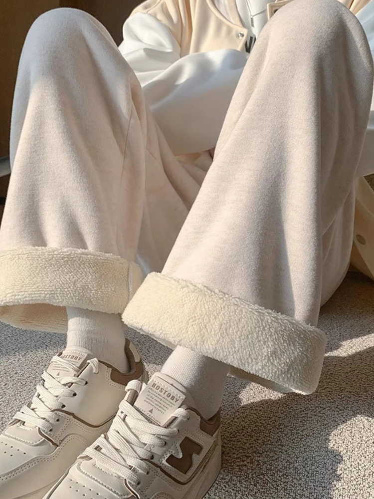 

plus Size Women's Thiened Fce Lined Drapey Winter Casual Pants High Waist Wide Leg Loose Straight Cut Warm Trousers