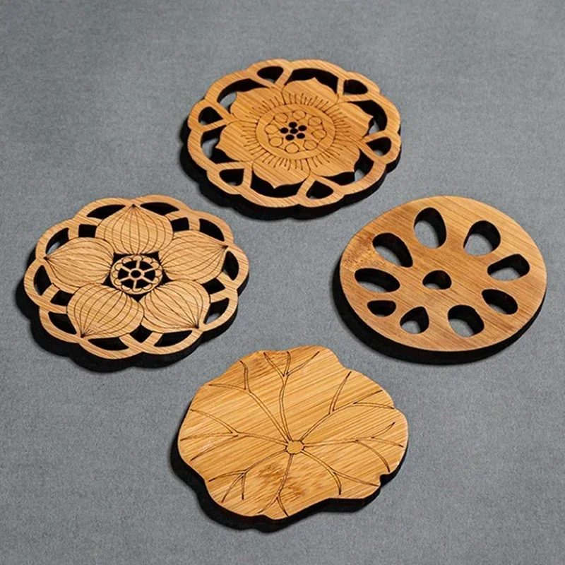 Wooden Lotus Flower Drink Coasters Creative Round Cup Mat Table Mat Tea Coffee Mug Placemat Home Decoration Kitchen Accessories