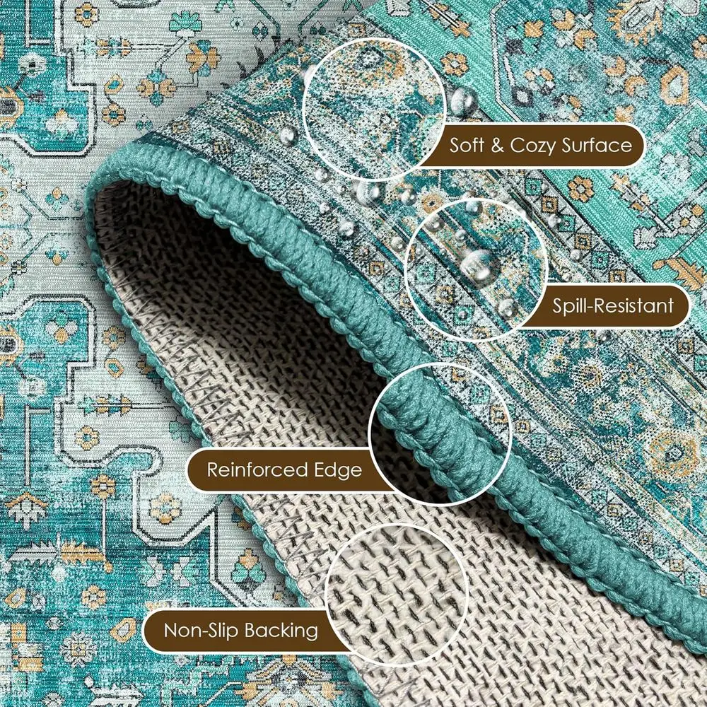 8x10' Persian-Style Washable Area Rug - Non-Slip, Durable, Teal & Gold for Home Decor