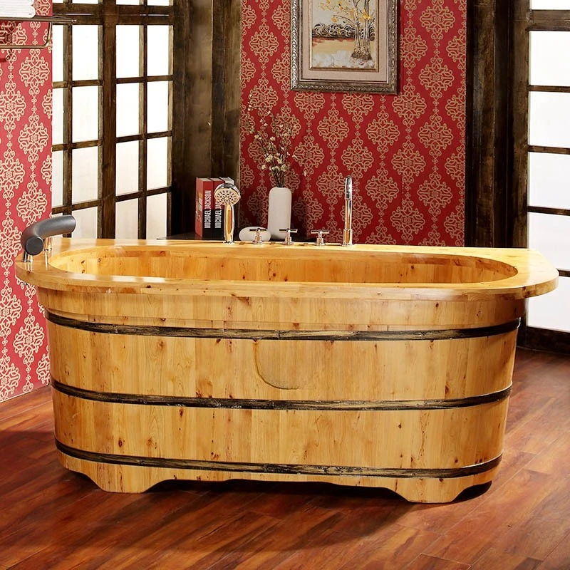 دلو حمام خشبي من خشب الأرز، دلو حمام، حوض استحمام من الخشب الصلب للبالغين مع صنبور