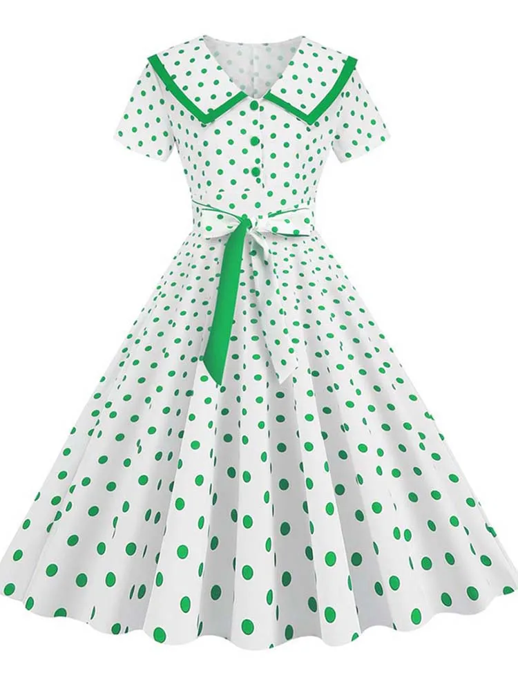 Turn-Down-Kragen Vintage Polka Dot Sommerkleider für Frauen elegante Knöpfe Kurzarm Midi Party kleid