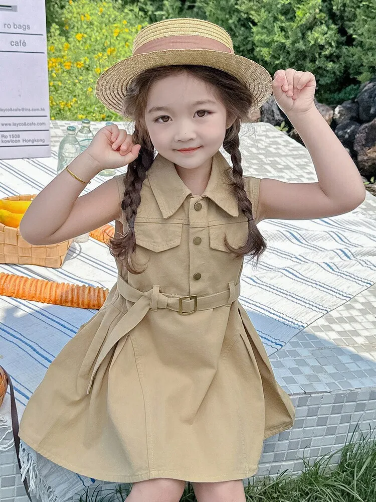 Girl\'s Birthday khaki cotton Sleeveless Dress Summer Thin 2024 New Children\'s Fashionable Loose Waist Tank Top Casual Dresses