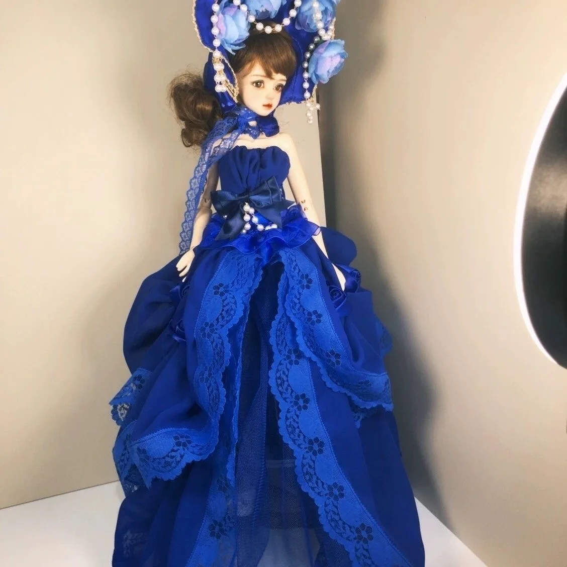 

Doll Clothes 1/6 1/4 1/3 BJD Dress Hat, Blue Bare Shoulder Dress Set