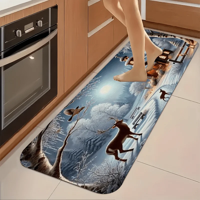 Winter Holiday Kitchen Runner Rug Christmas Kitty with Santa Hat Scarf Snowflake Botanical Art Printed Long Floor Mat