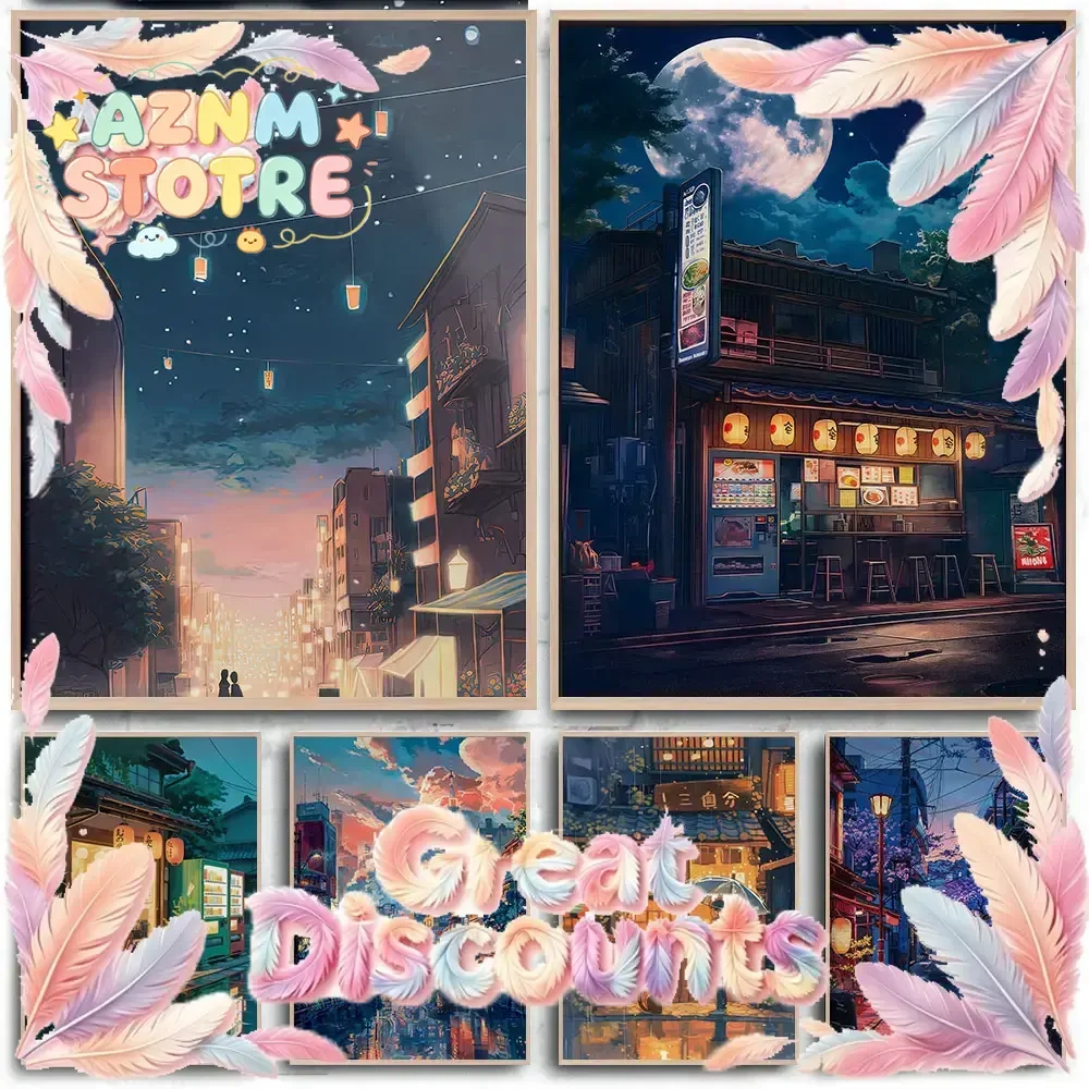 Anime Cafe Shop and Bicycle Canvas Poster Ghibli Work Anime Style Street Cafe Scene Wall Art Printing for Living Room Home De