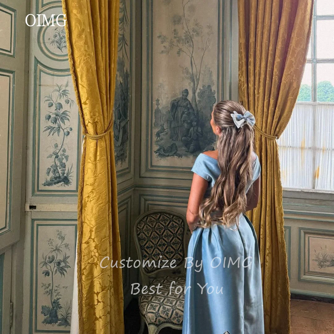 Oimg azul fora do ombro uma linha vestidos de baile cetim sem costas formal vestido de festa tornozelo comprimento vestido de noite personalizado