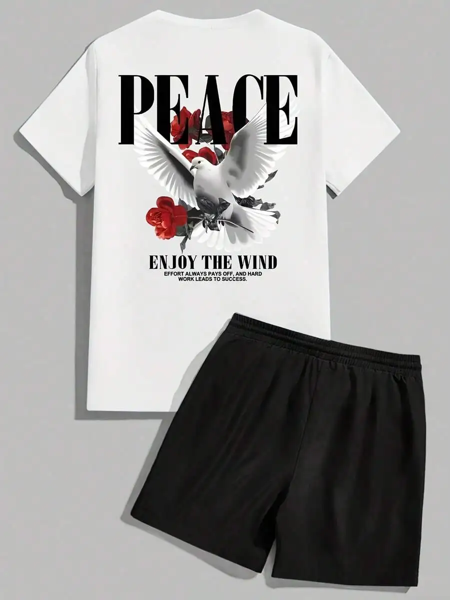

Mens Peace Print T-Shirt And Drawstring Shorts Two-Piece Set Casual Summer Outfit
