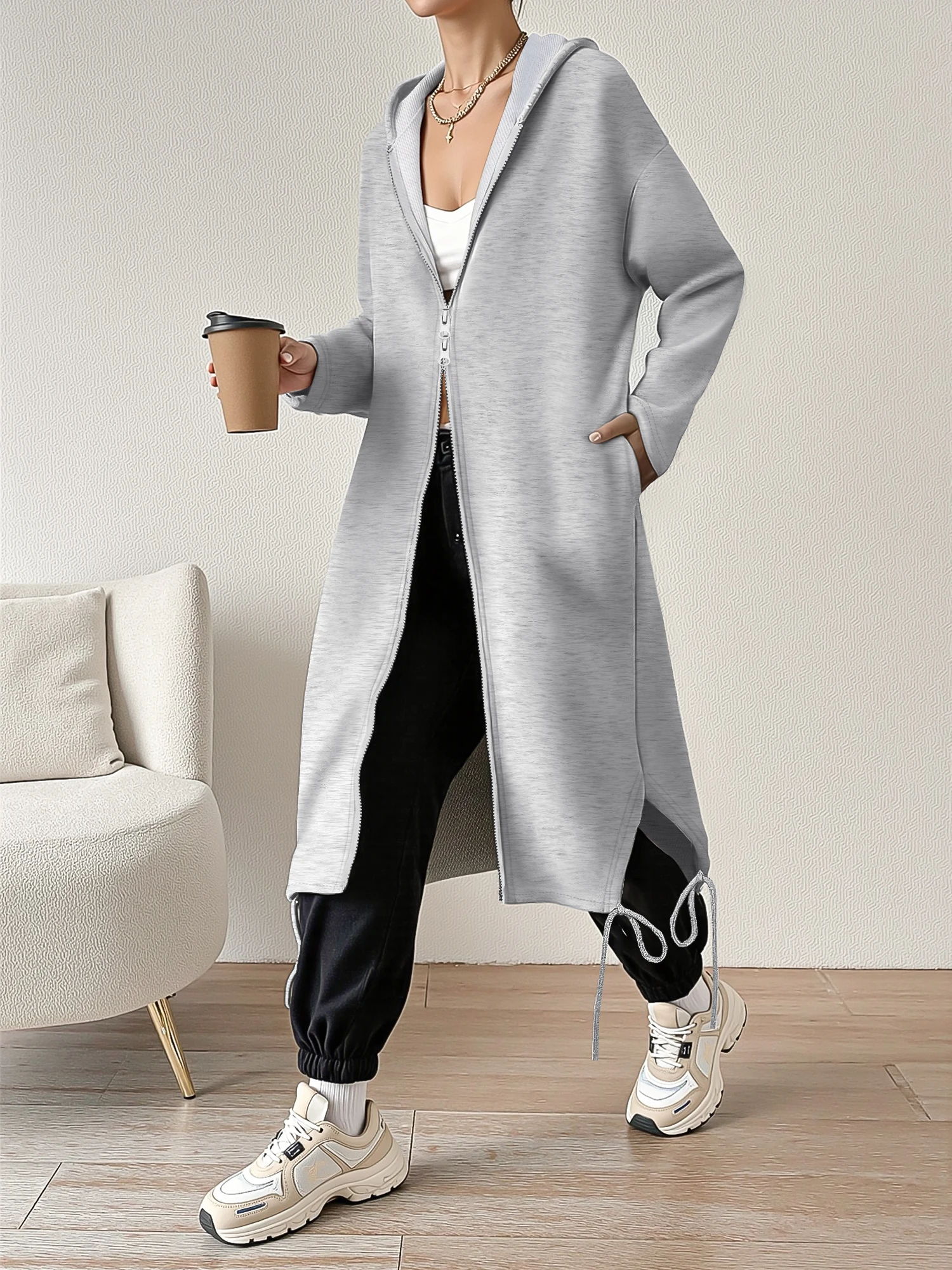 

Женская модная удлиненная куртка с капюшоном на молнии, оверсайз, повседневная, с завязками на талии, для улицы