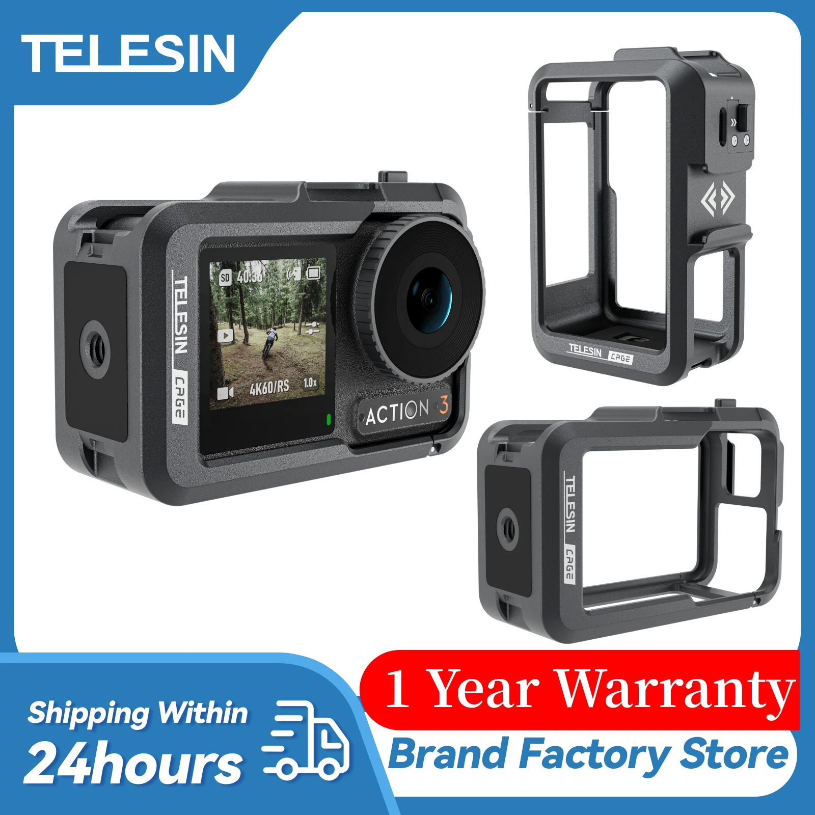 TELESIN Aluminium Alloy Frame Case For DJI  ACTION 4 3 Metal Cage Quick Release Mount with Cold Shoe Full Protective Frame Case