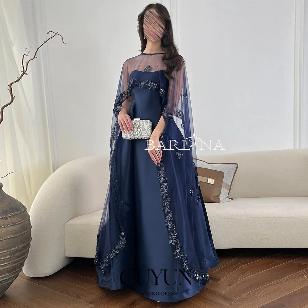 

CUYUN Luxury Saudi Evening Gown Customized Navy Blue Satin Beading Long Prom Party Dresses Women Formal Event Dresses 2026