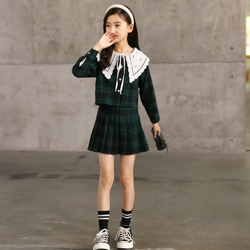 

2023 ранняя осень, детское платье для девочек, модное детское платье в клетку с лацканами для девочек, платье с длинными рукавами для девочек начальной школы
