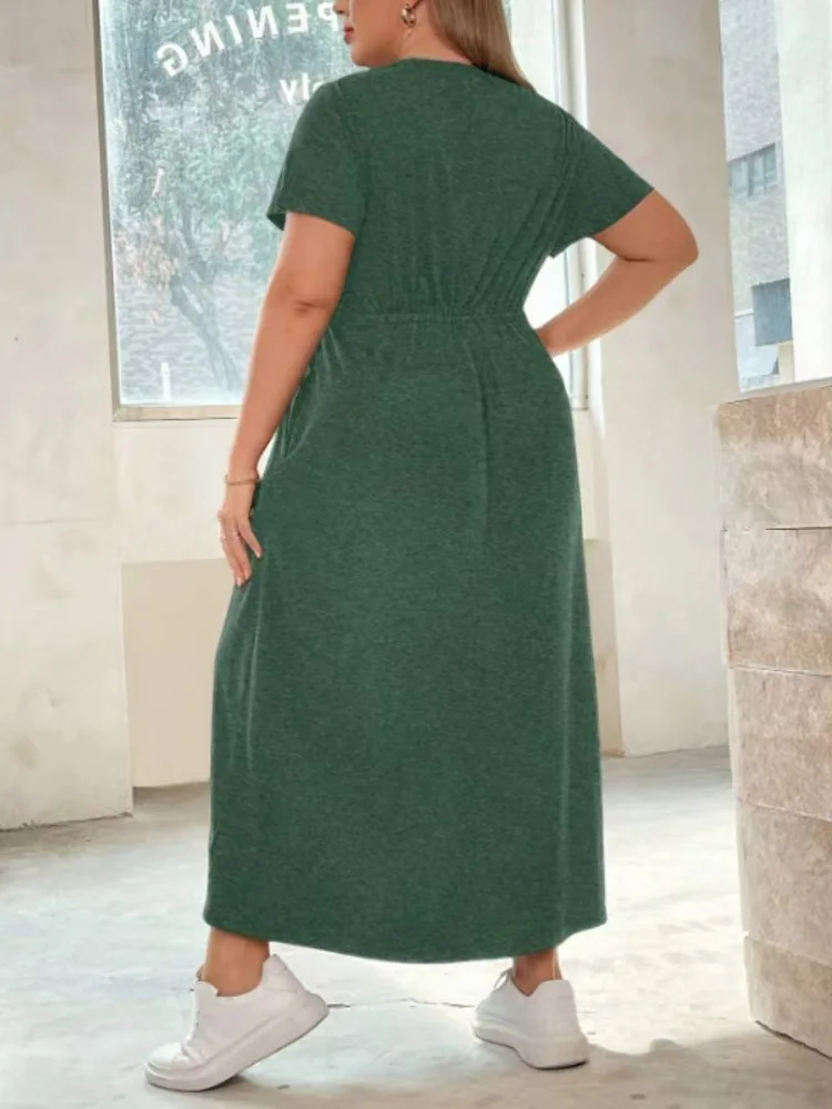 GIBSIE Plus Size Solid Knot Front O-Neck Women's Dress 2024 New Summer Pockets Casual Black Green Short Sleeved Maxi Dresses