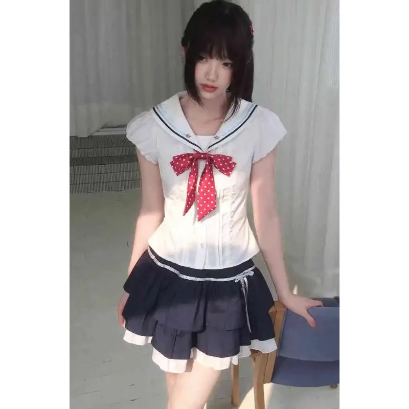 Japanese Jk Uniform Retro Harajuku Collar Short Sleeve Shirt Sweet Fold Waist Half Skirt Unique Millennium Cosplay Two Piece Set