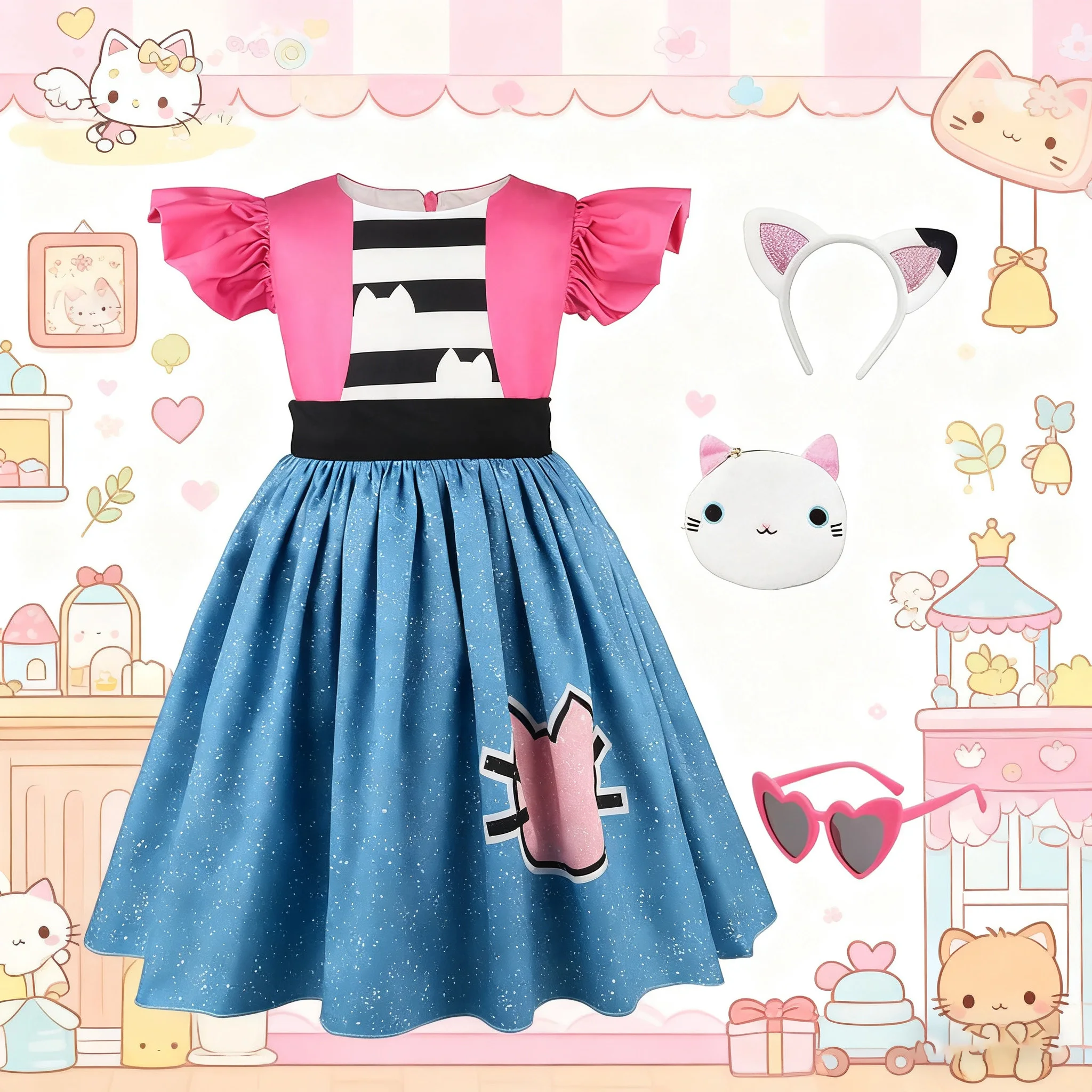 

Gabby Doolhouse Girl Dresses+ coin purse+headwear+glass Kids Gabby Cartoon Cats Children luxury Set Christmas birthday present