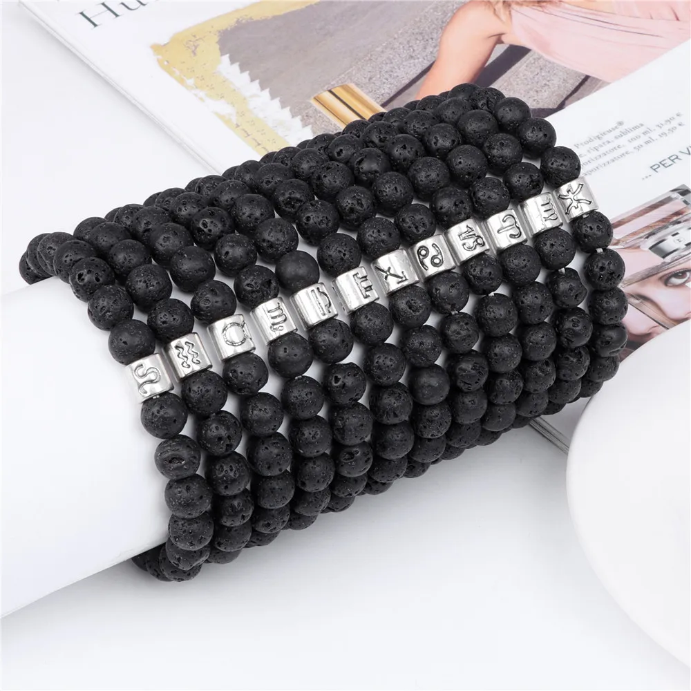 Black Volcanic Lava Rock Stone Bracelets 12 Constellations Zodiac Sign Charm Bangle Wristband Pisces Jewelry Gift For Women Men