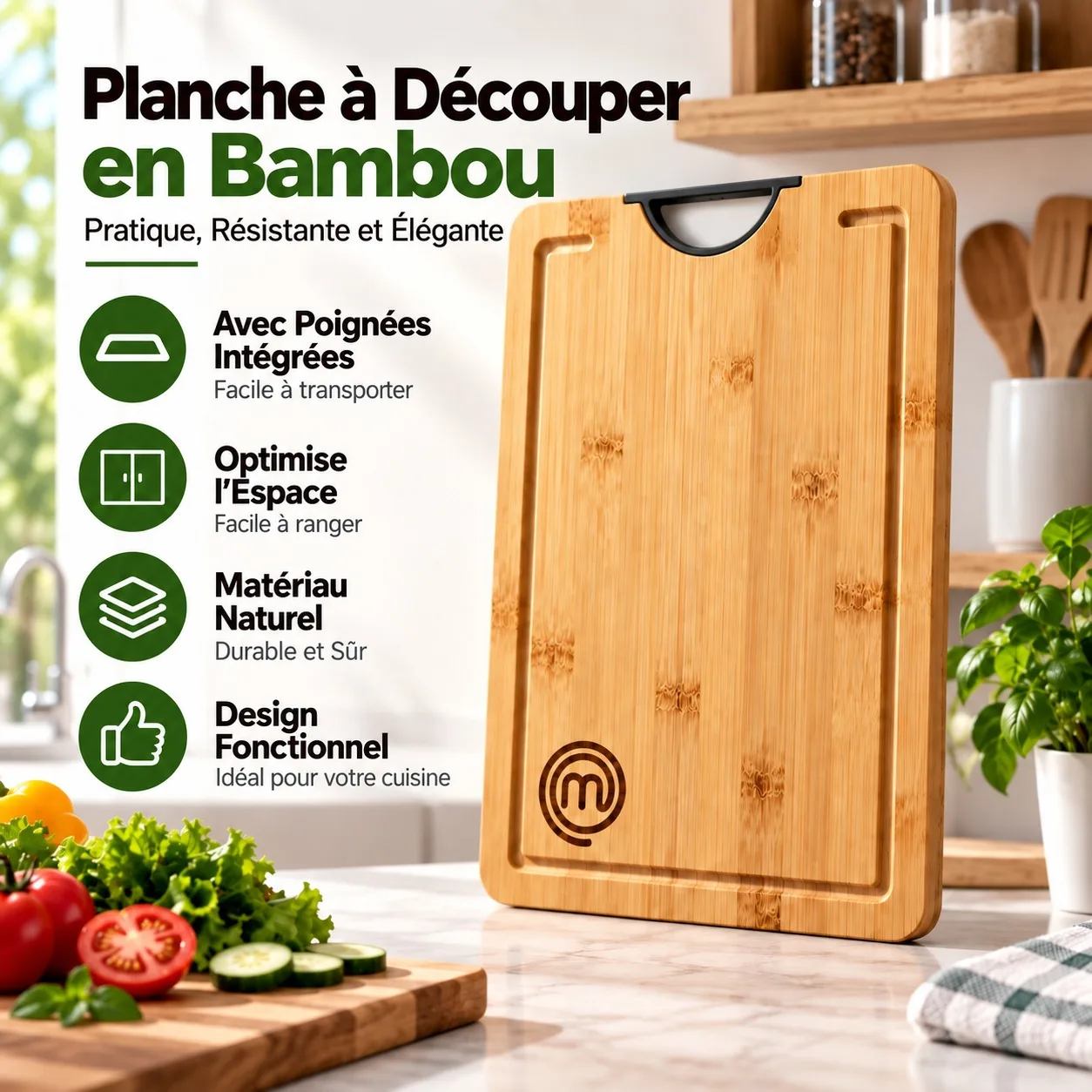 Tabla de cortar de bambú MasterChef con asa integrada y ranura para recoger el jugo, bandeja grande para servir quesos y embutidos en la cocina, 38,5 x 30 cm.