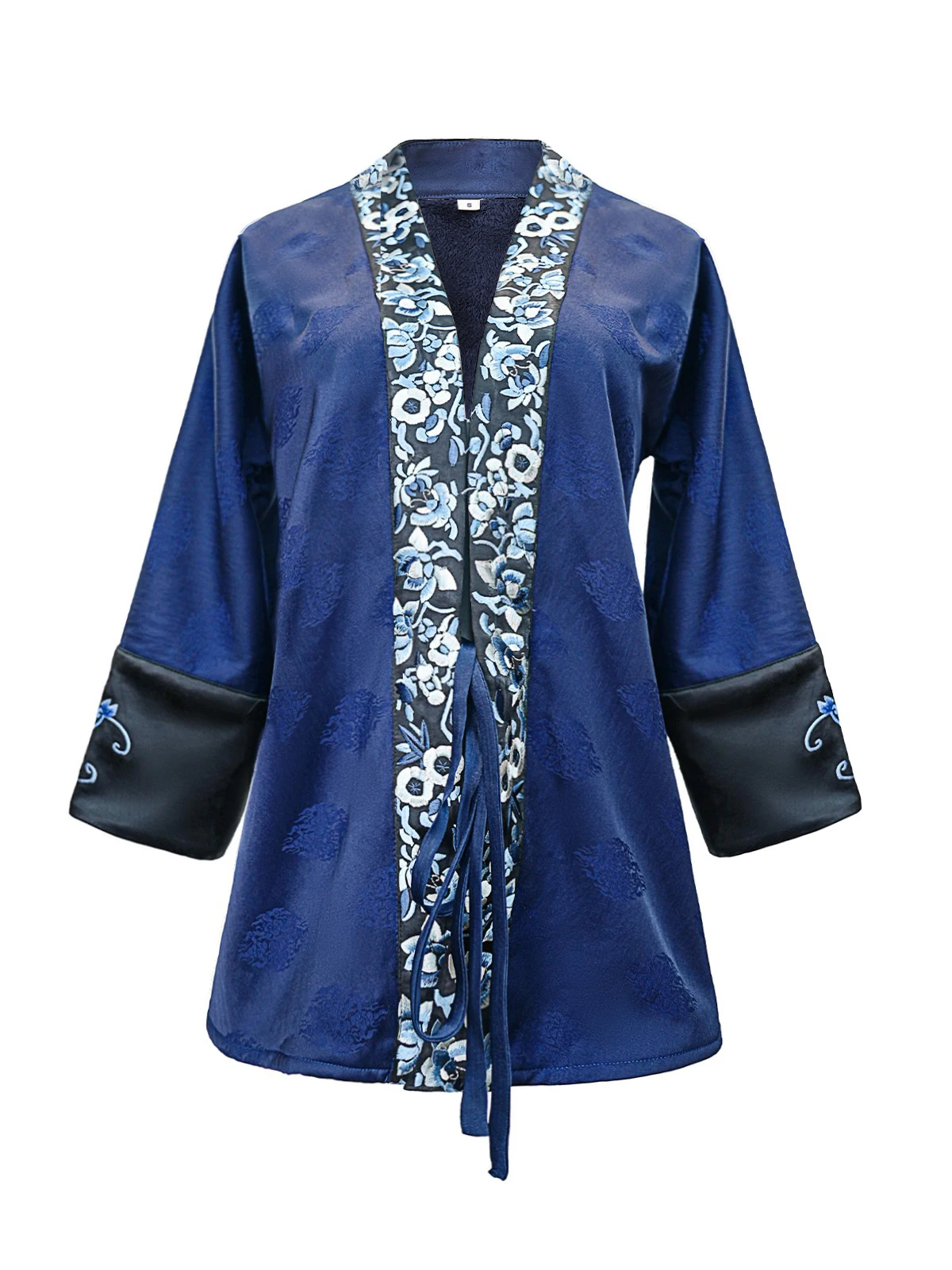 

Blue Embroidered Fce-lined Silk Wrap with Bow Tie Thiened Autumn Outerwear for Women Traditional Chinese Sle Top