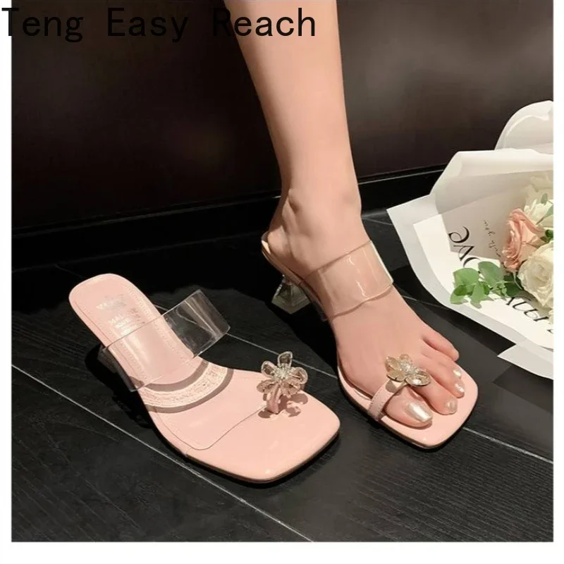 

Summer High Heels Slippers Women PVC Pointed Peep Toe Slides Rhinestone Butterfly-knot Party Shoes Women Cup Heels Sandals Woman