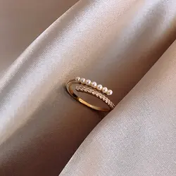 Light Luxury Micro Rhinestone Rings Woman Gold-color Elegant Simulated Pearl Open Ring Party Wedding Stackable Ring Jewelry K0