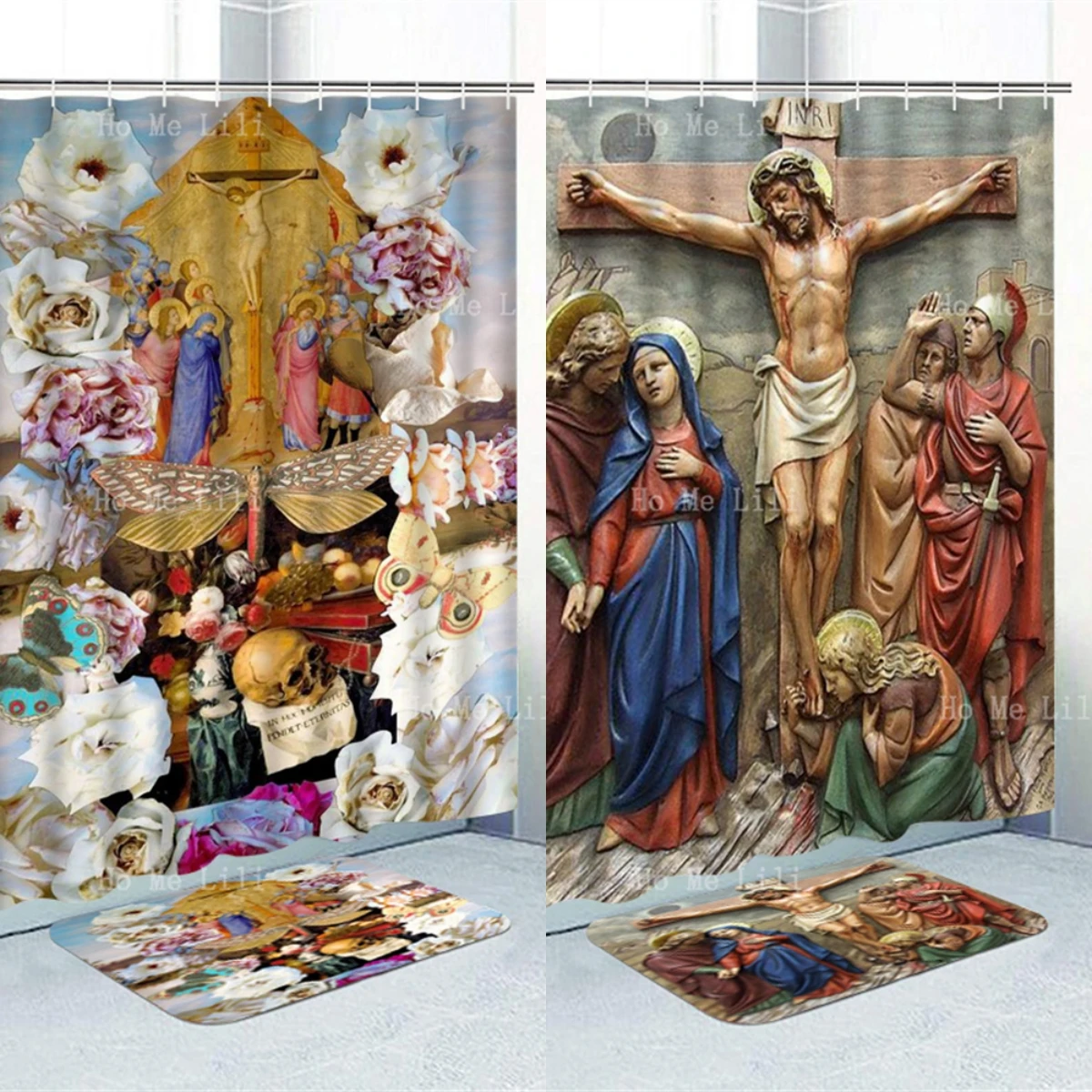 Prayer Angel Garden With Skull And White Flowers. Jesus Died On The Cross. Shower Curtain Sets With Rugs