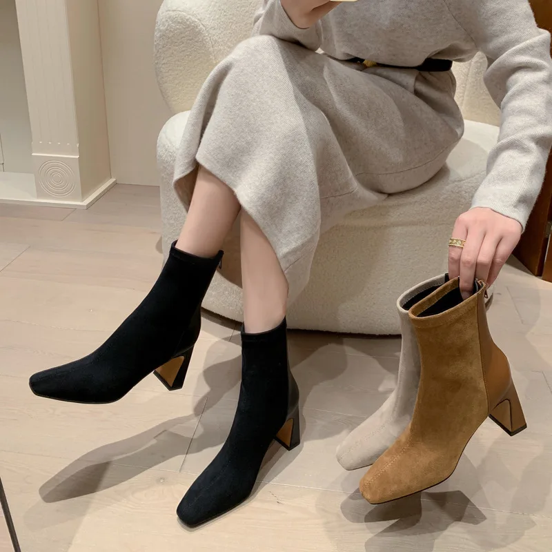 Temperament Goddess Style Slender Small Square Head Slender Boots2023WinterNew Product Thick High Heel Suede Panel Elastic Short