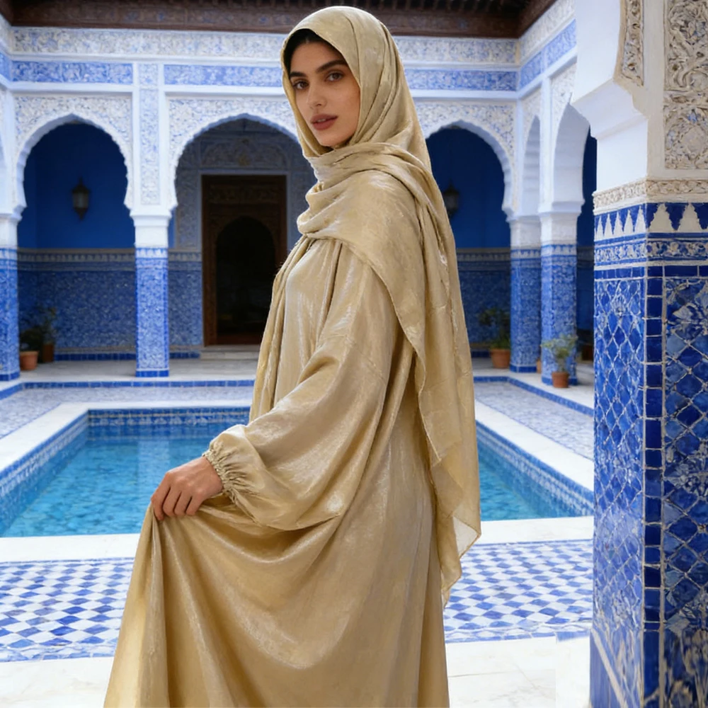 

Новая блестящая атласная абайя для мусульманок на Рамадан, турецкий кафтан, кебайя, джеллаба, исламская одежда, марокканский кафтан, женское платье на Ид