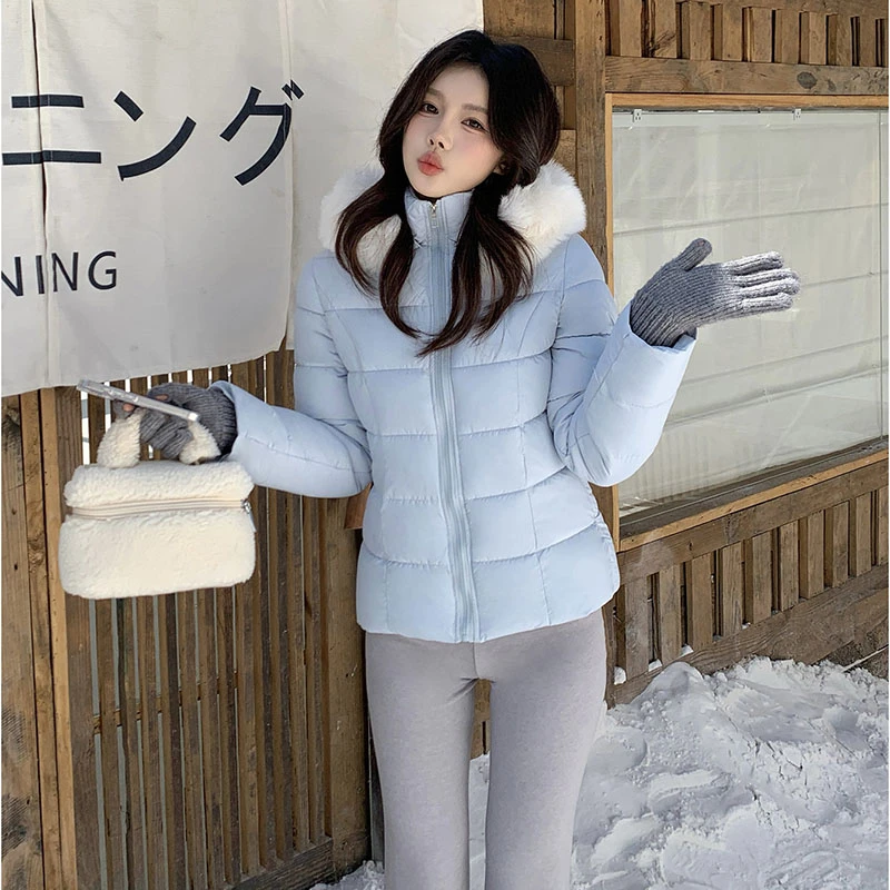 

Slim Short Cotton Jackets New Women's Fur Collar Hooded Korean Down Jacket Solid 2025 Fashion Winter Cotton Padded Coats Trend