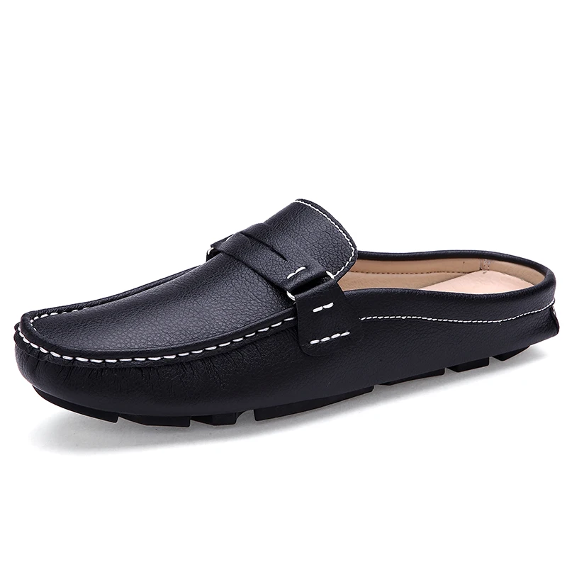 Men's leather half heel comfortable walking shoes, casual designer, one foot pure color loafers, flat bottomed slippers, 2024