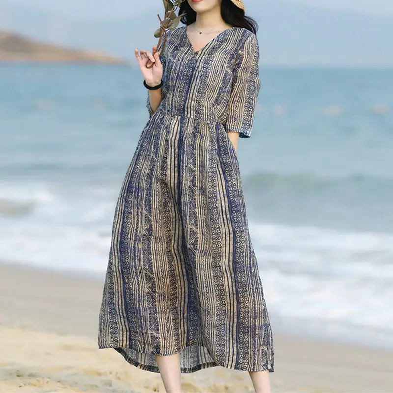Cotton and Linen Dress Retro Striped Long Lace-up Skirt 2025 Spring and Summer Holiday Style Women's Dress