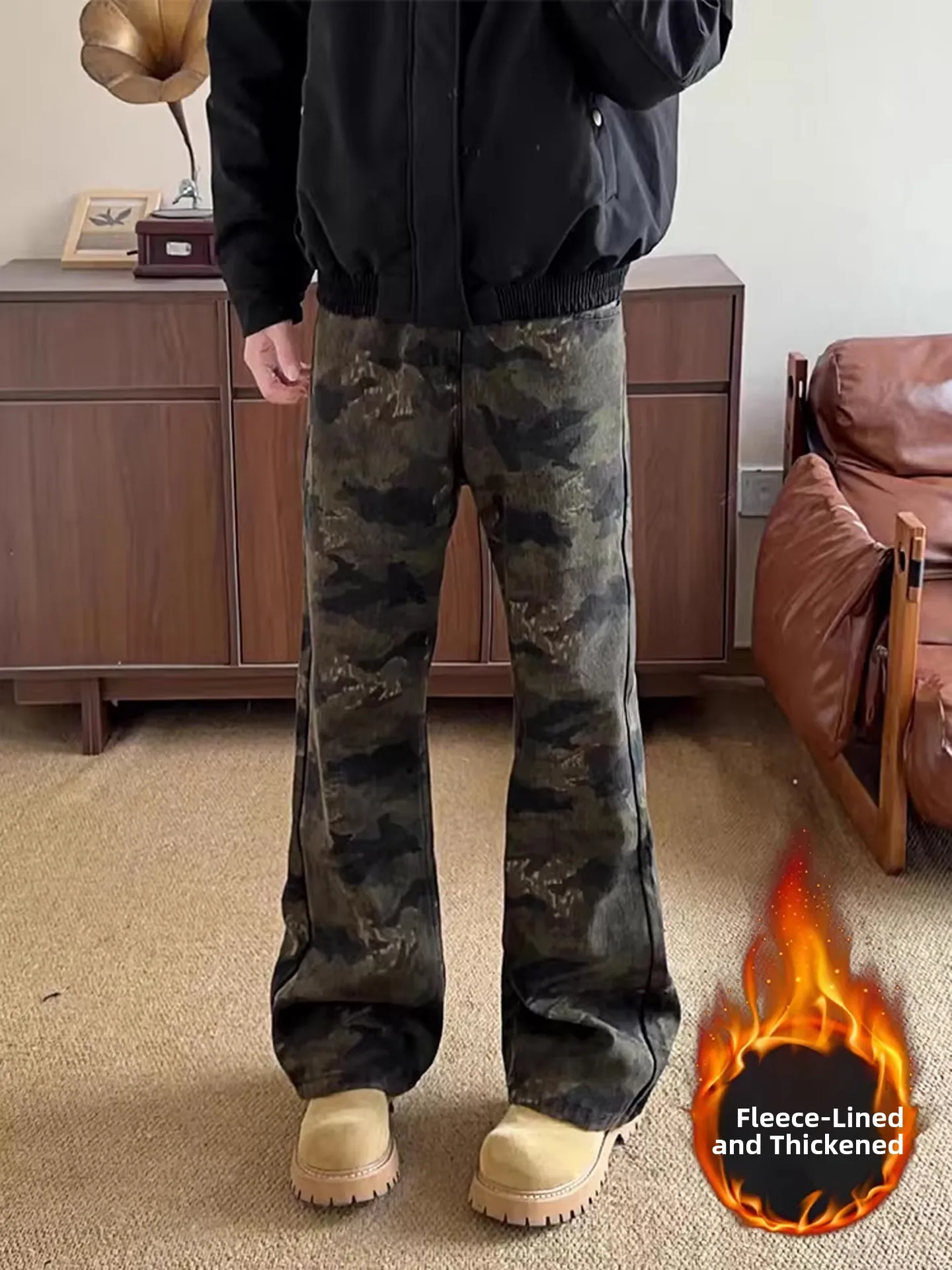 

American Style Fleece Lined Camouflage Jeans Men Thickened Winter Straight Leg Workwear Retro High Street Flared Pants