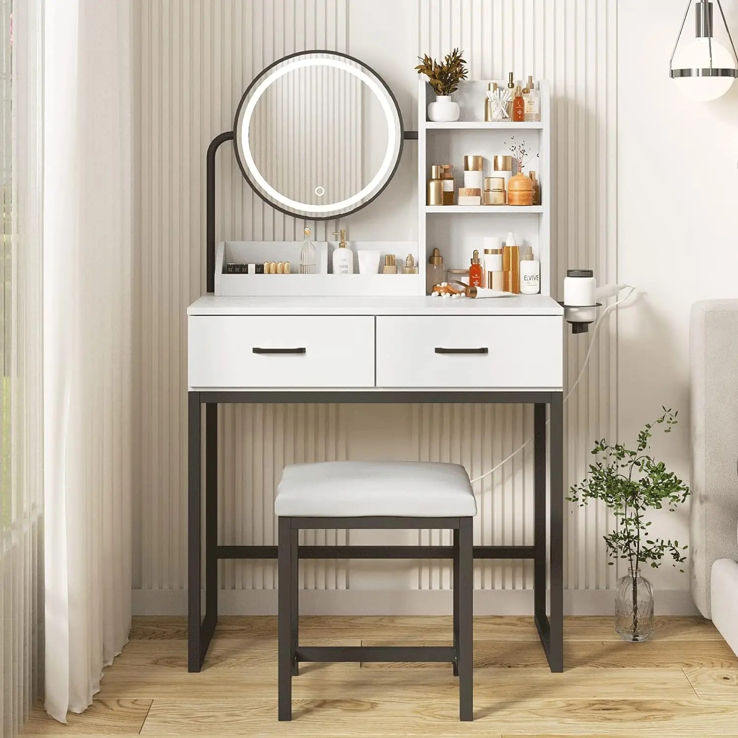 Makeup Vanity Desk with Mirror and Lights, Cute Vanity Makeup Table, Small Vanity Table for Bedroom with Lots Storage