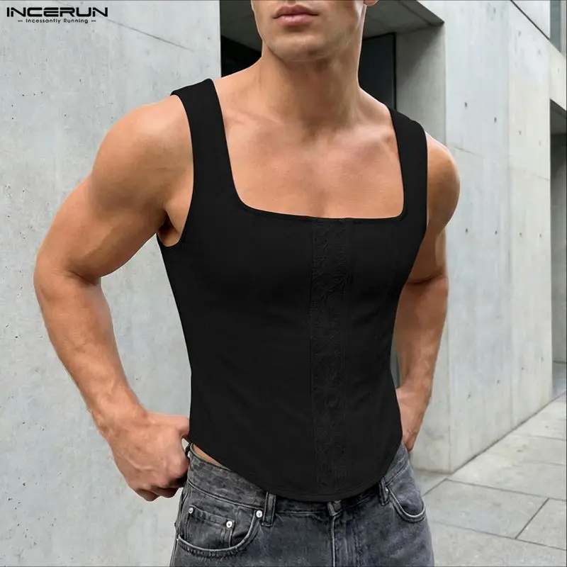 INCERUN Herren Tanktops mit Spitzen-Patchwork, eckigem Kragen, ärmellose Westen, Sommer-Streetwear 2026, modische sexy Crop-Tops für Männer