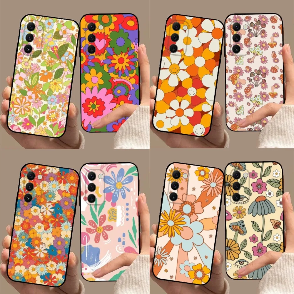 Groovy Flowers Hippie Bohemian Floral Phone Case For Samsung Galaxy A20,A21s,A22,A31,A32,A52,A53,A72,73,A80,A91Soft Black Cover